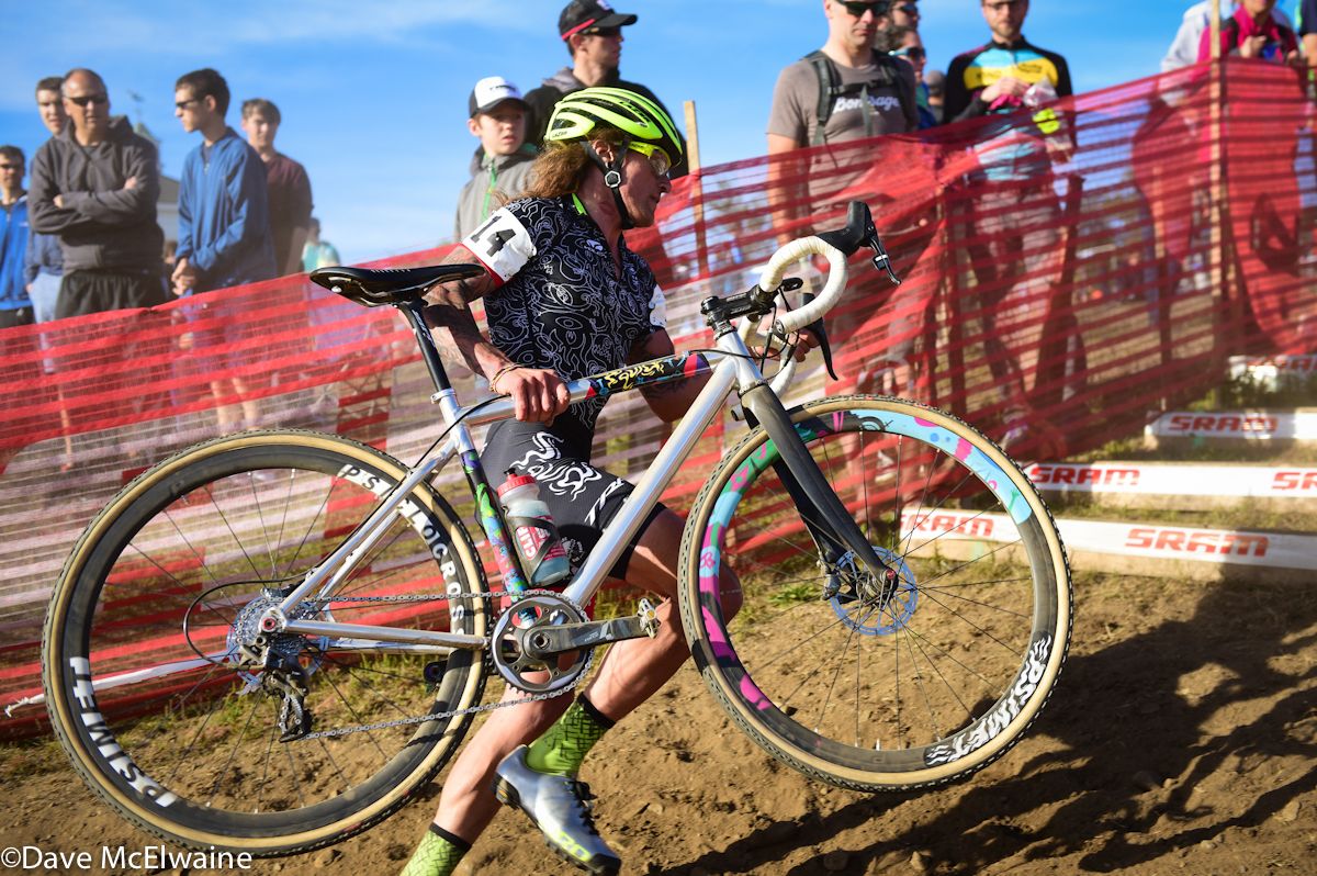 Anthony Clark (Squid Bike) running a set of stairs mid-race