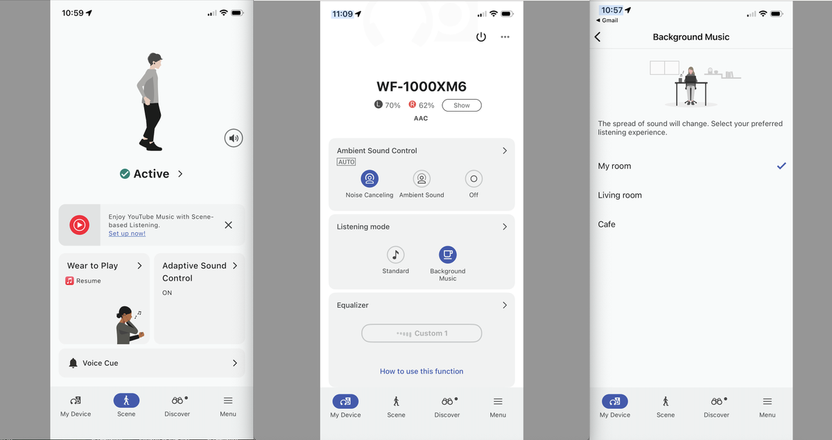 three screen-grabs on iPhone of the Sony Connect app using the Sony WF-1000XM6