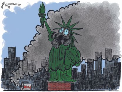 Political cartoon U.S. Statue of Liberty gas mask MAGA Trump