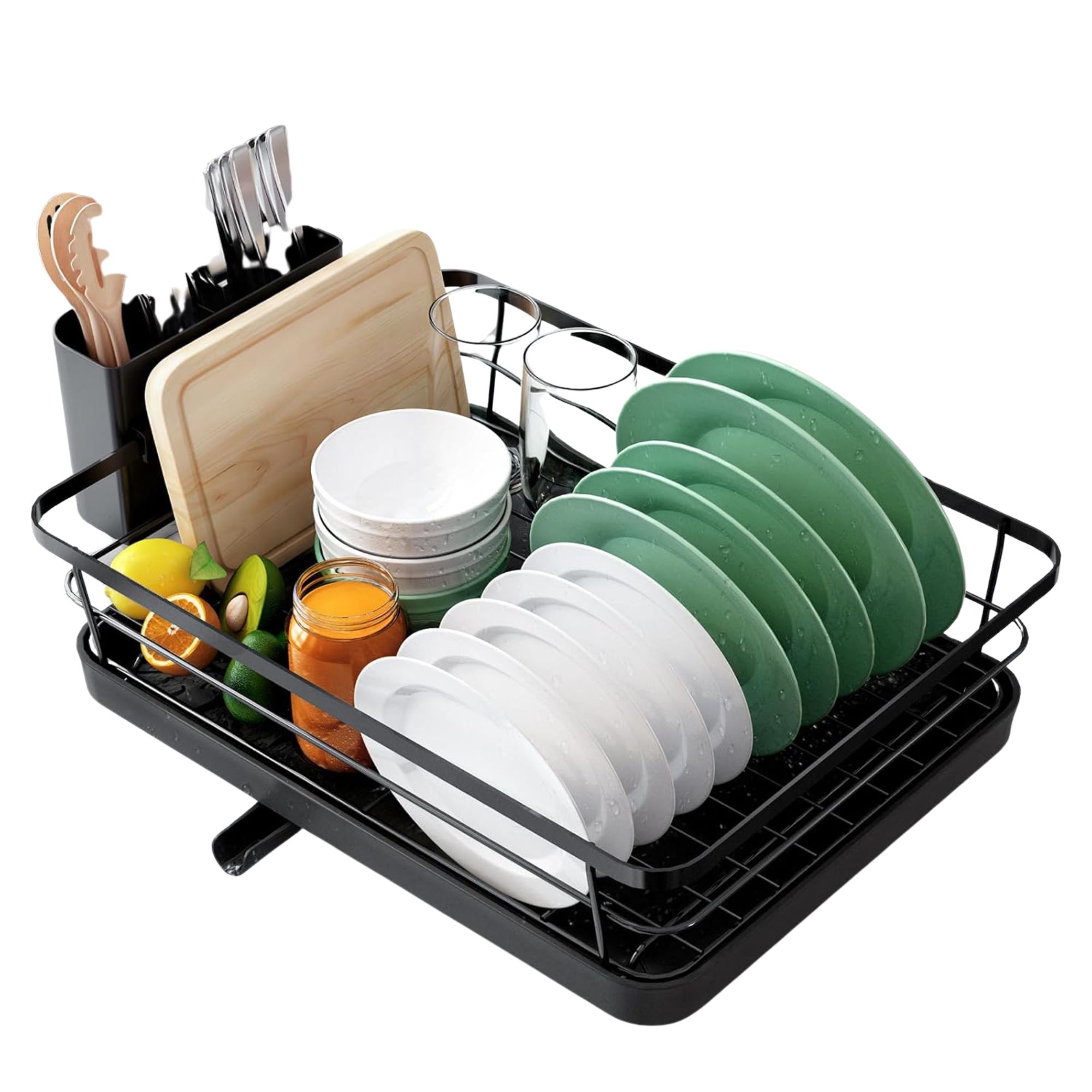 Black Kitsure dish rack filled with plates, cutlery, glasses, and a wooden chopping board