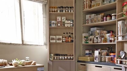 pantry shelves with food and spices