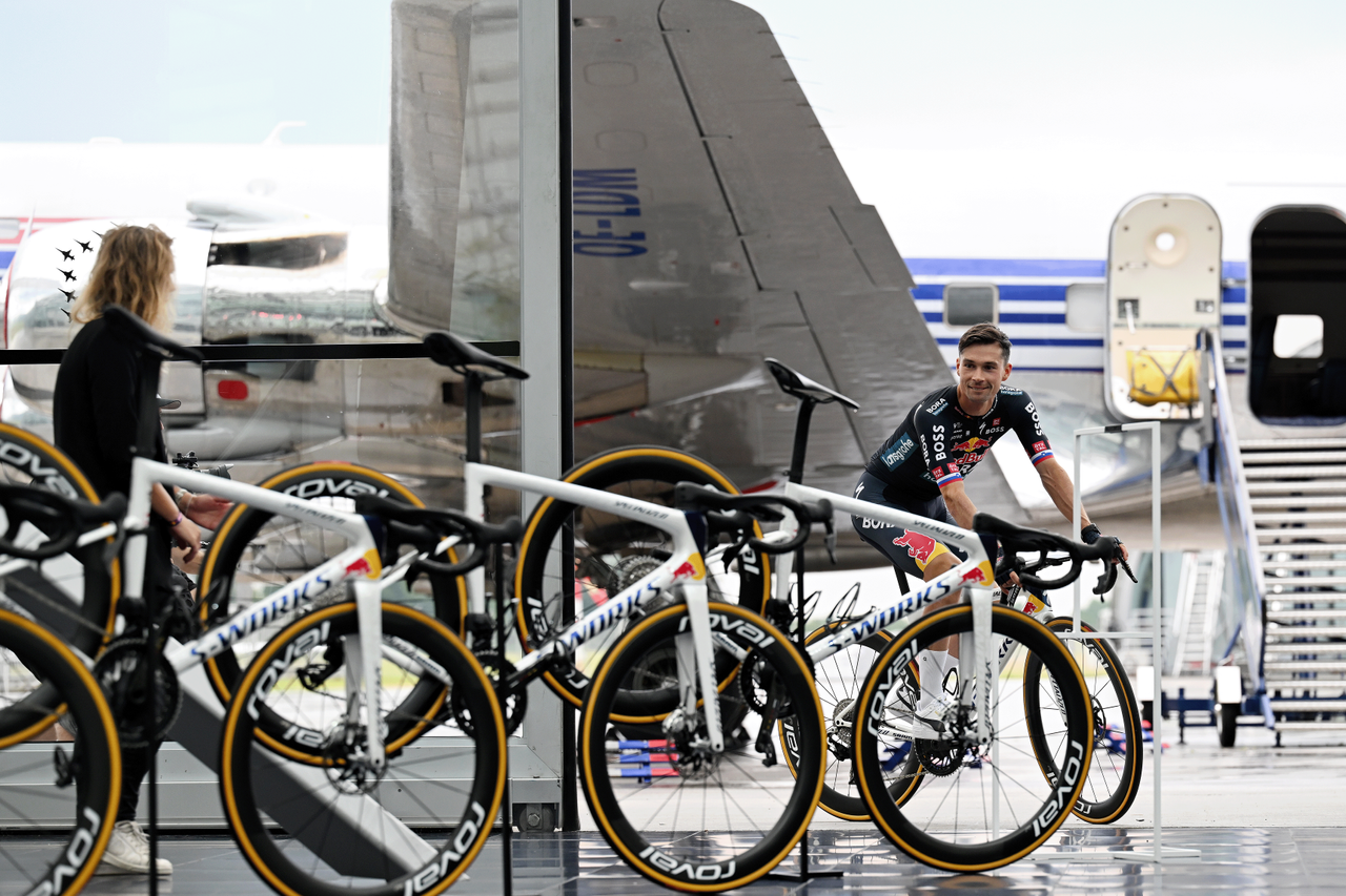 SALZBURG, AUSTRIA - JUNE 26: Primoz Roglic of Slovenia and Team Red Bull - BORA - hansgrohe during the Official launch Team Red Bull - BORA - hansgrohe in Red Bull Hangar-7 on June 26, 2024 in Salzburg, Austria. (Photo by Tim de Waele/Getty Images)