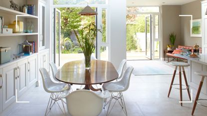 open plan kitchen dining area in neutral colours with two sets of French doors open to a garden 