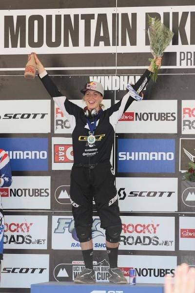Rachel Atherton (GT Factory Team) stands for the National Anthem.