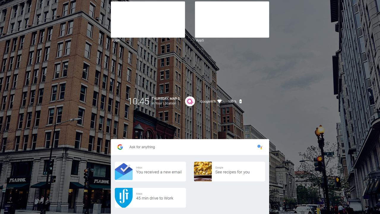 This is the home screen as it appears on desktop. Note the likely pinnable app windows as widgets, common Google services and search functions below and the search bar front and center.