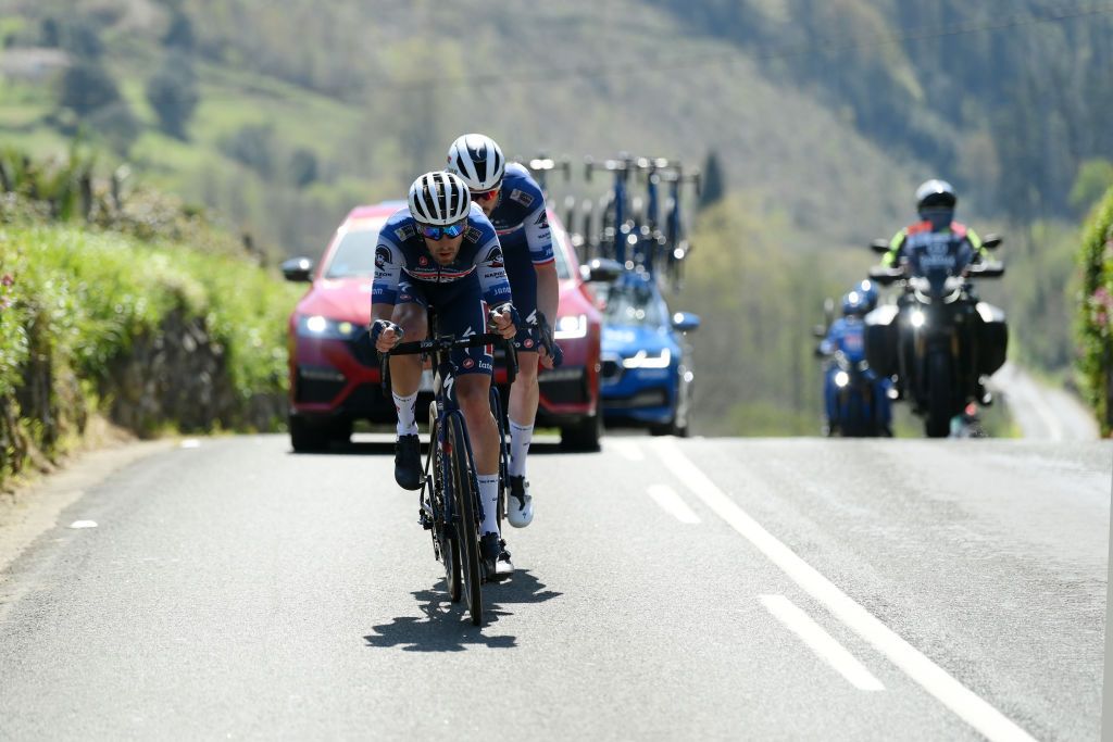 Mattia Cattaneo and Remi Cavagna (Soudal-QuickStep) in the break on stage 5 of the 2023 Itzulia Basque Country