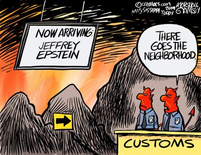 Political Cartoon U.S. Jeffrey Epstein Arriving In Hell Unhappy Demons