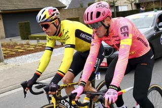 Wout Van Aert and Alberto Bettiol riding alongside each other at the 2024 Dwars door Vlaanderen.