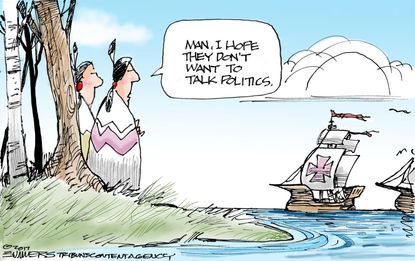 Political cartoon U.S. Thanksgiving Native Americans Trump