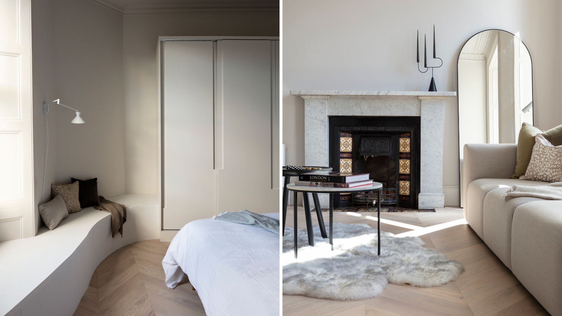 collage of two warm neutral rooms to supprt the latest Interior design trends 2024, bedroom on the left and living room on the right