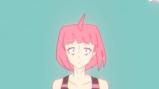 Beat, the pink-haired protagonist of Unbeatable, looking confused and staring straight at the camera against a blue background