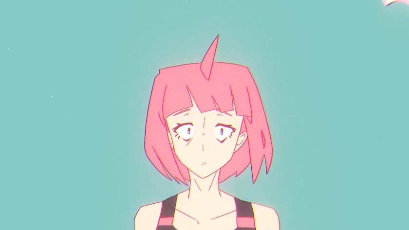 Beat, the pink-haired protagonist of Unbeatable, looking confused and staring straight at the camera against a blue background