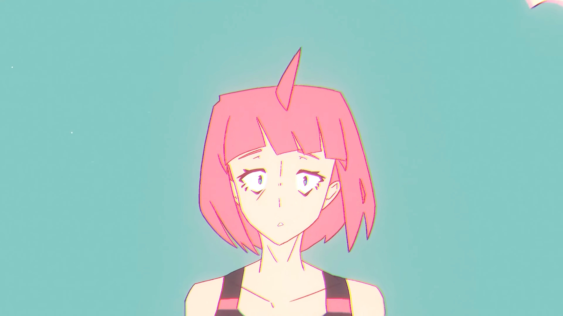 Beat, the pink-haired protagonist of Unbeatable, looking confused and staring straight at the camera against a blue background