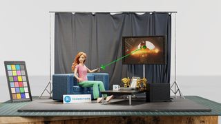 Framestore Barbie VFX; a doll of a woman sits on a sofa with a laser pointer