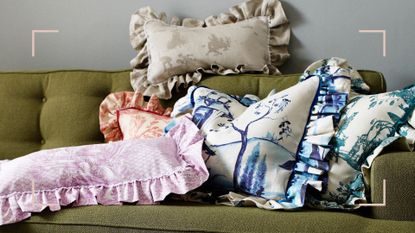 Sofa overloaded with frilly-edged cushions to support expert advice on how many cushions should you have on a sofa