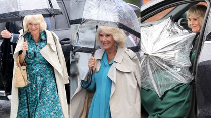 Queen Camilla carries her clear umbrella 
