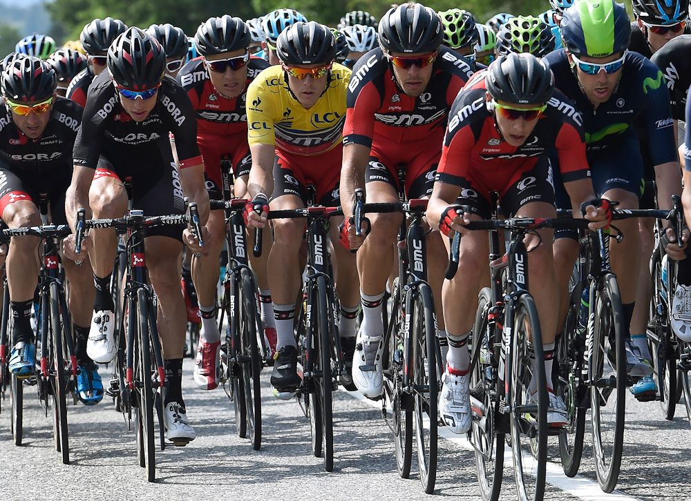 Race leader Rohan Dennis surrounded by his BMC teammates.
