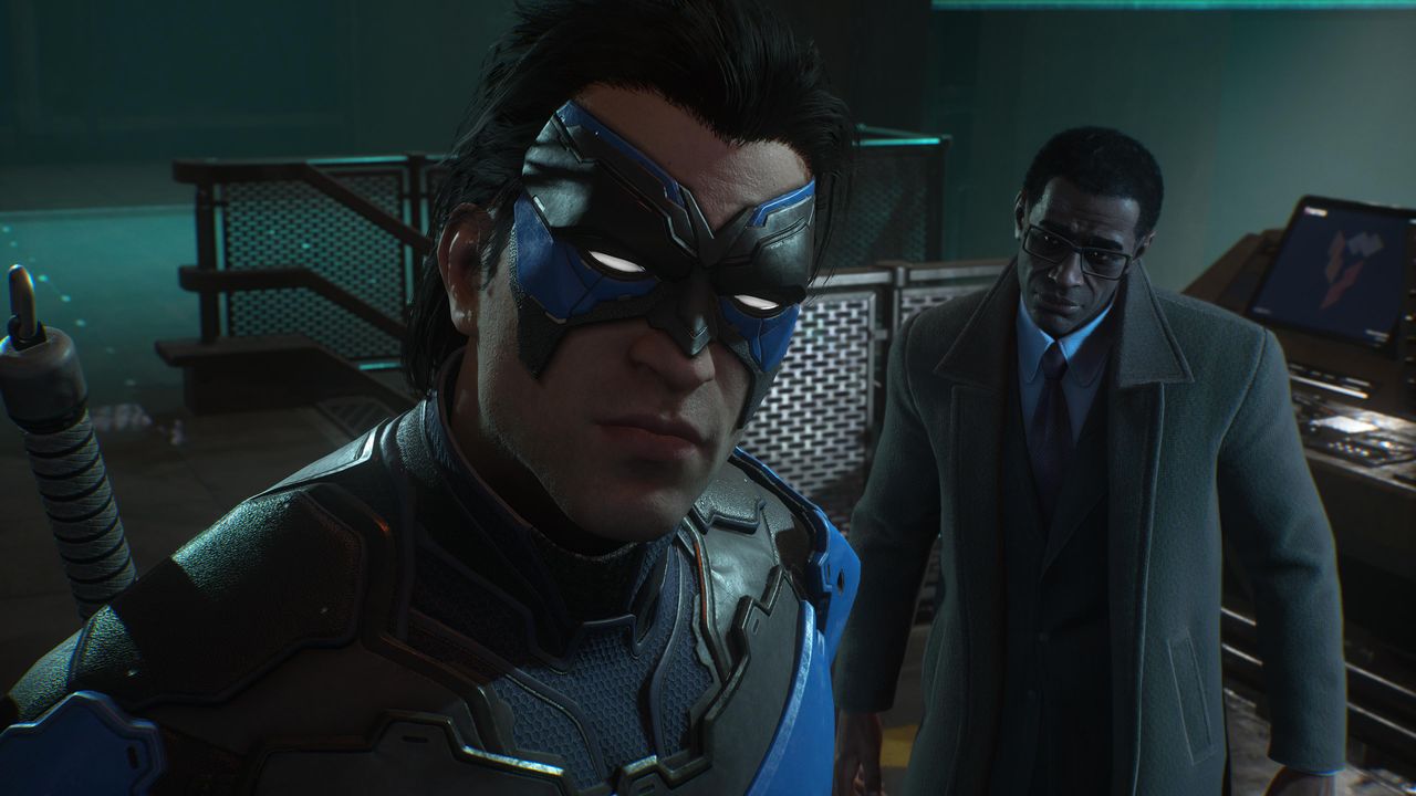 Nightwing with Lucius Fox in Gotham Knights