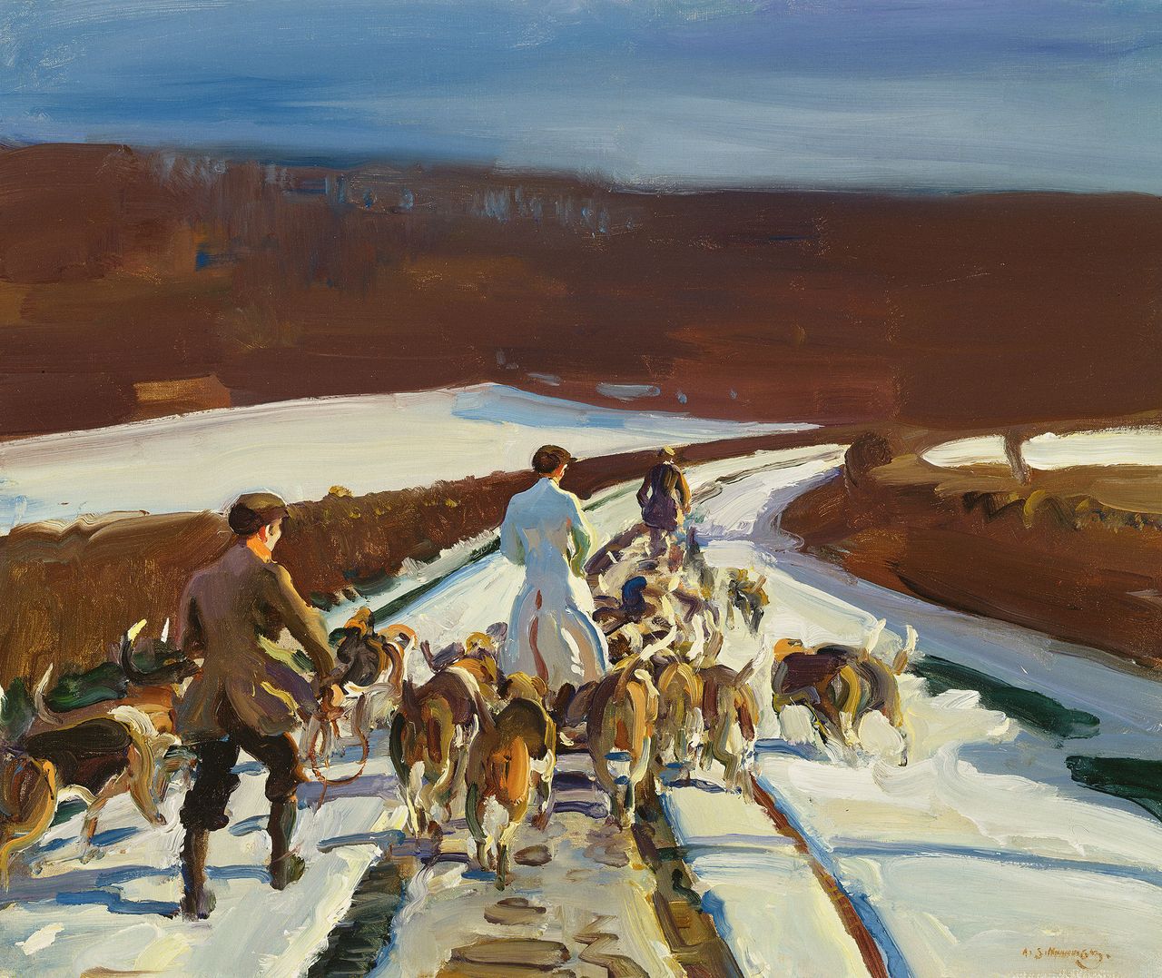 &#039;The young entry, a snowy road, Woolsthorpe&#039; (oil on canvas) by Alfred Munnings (1878-1959); 53.9 x 64.1 cm; Private Collection. © Arthur Ackermann Ltd., London / Bridgeman Images / © Estate of Sir Alfred Munnings, Dedham, Essex. All rights reserved, DACS/Artimage. 2023.