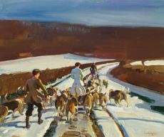 'The young entry, a snowy road, Woolsthorpe' (oil on canvas) by Alfred Munnings (1878-1959); 53.9 x 64.1 cm; Private Collection. © Arthur Ackermann Ltd., London / Bridgeman Images / © Estate of Sir Alfred Munnings, Dedham, Essex. All rights reserved, DACS/Artimage. 2023.