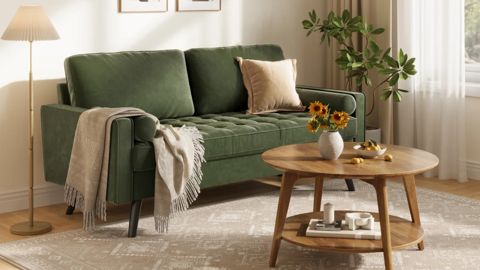 a green couch in a room with a tan rug, a small round coffee table, and a floor lamp
