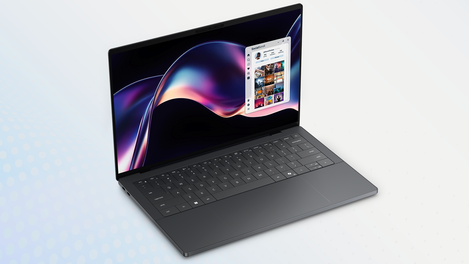 Dell XPS 14 shown at an angle from the front, screen and keyboard visible