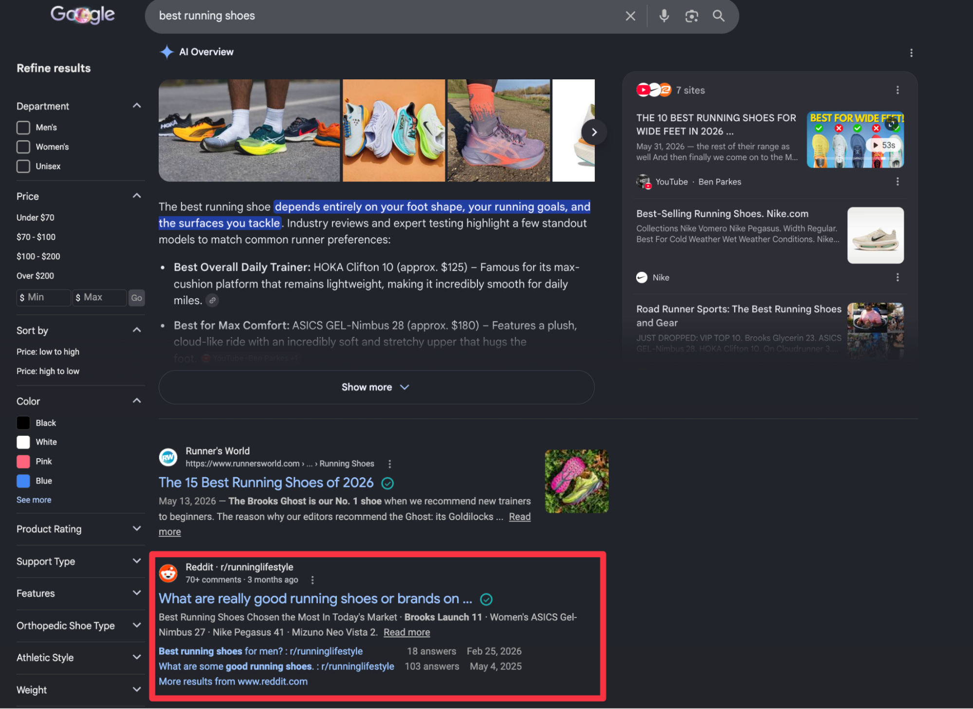 Google serp ai overview best running shoes reddit