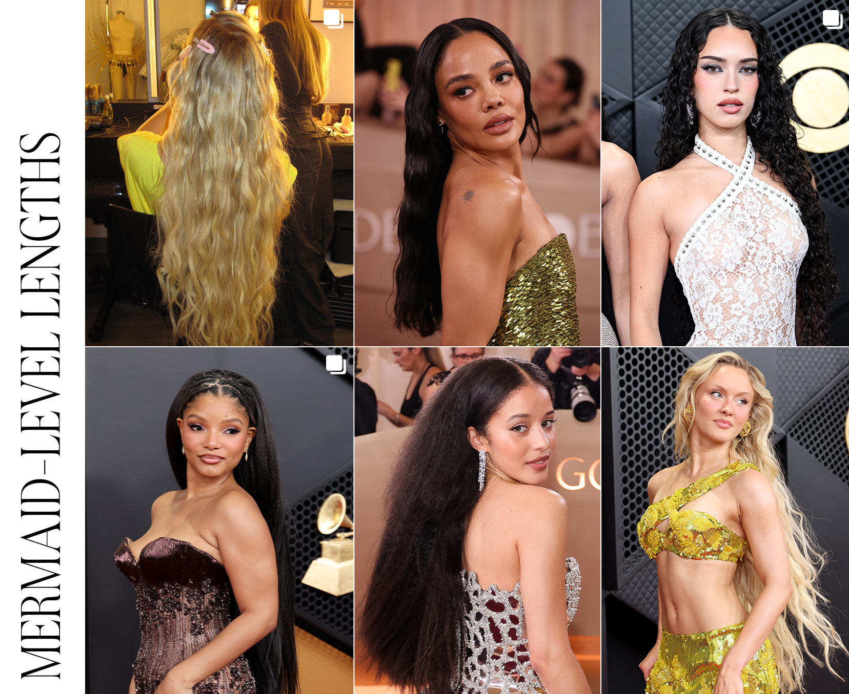 Collage of mermaid-level lengths on the red carpet