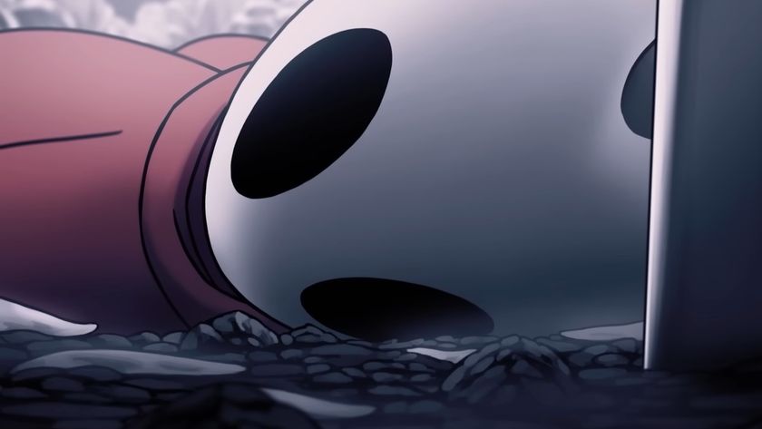 Hollow Knight: Silksong cutscene screenshot showing Hornet lying on the ground in front of her nail