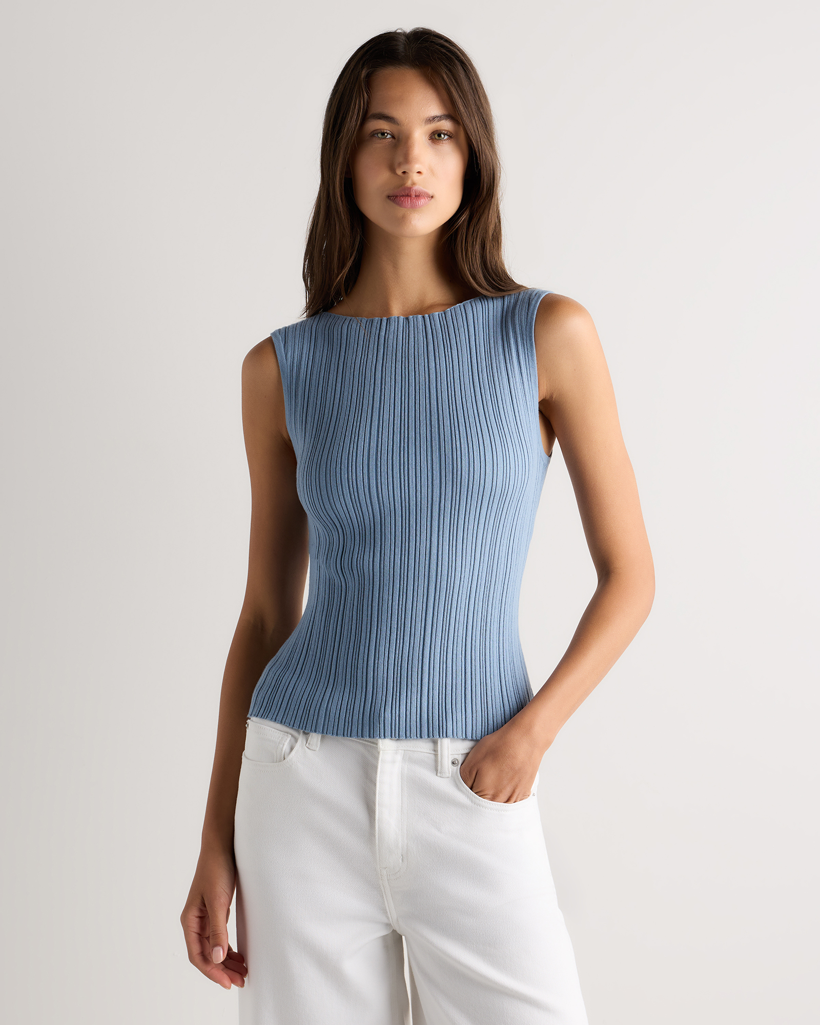 Cotton Cashmere Ribbed Tank in Mountain Spring Blue