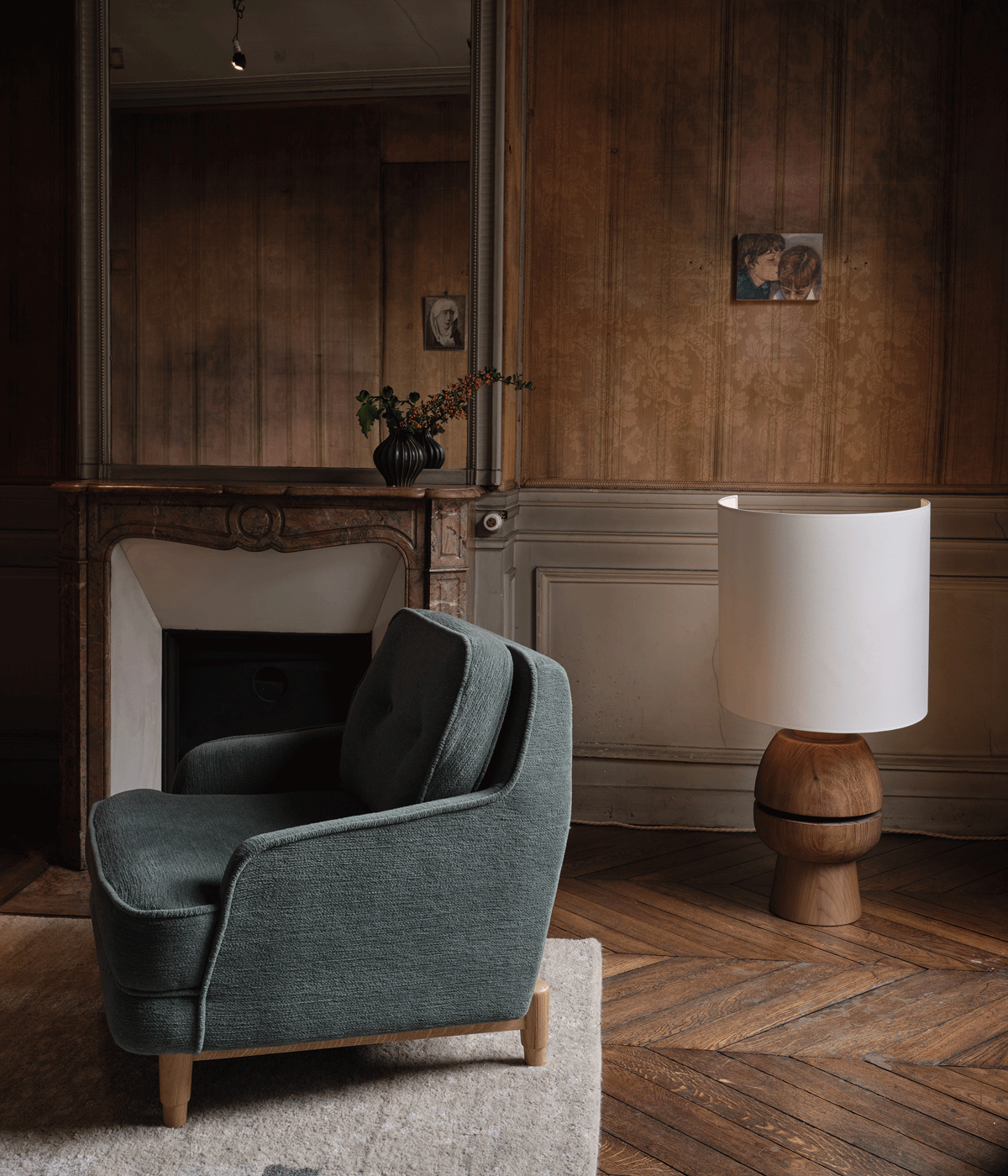 grey chair on wood floor