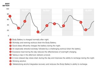 A chart showing rising and falling body battery levels corresponding to healthy or unhealthy habits