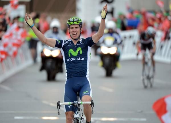 Rui Costa (Movistar) timed his late attack perfectly to win in Verbier ahead of Frank Schleck