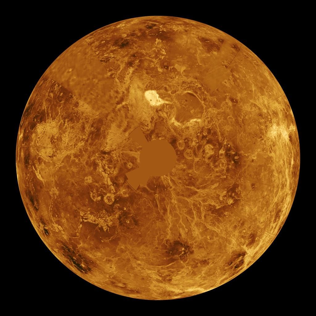 A computer-simulated view of the northern hemisphere of Venus.