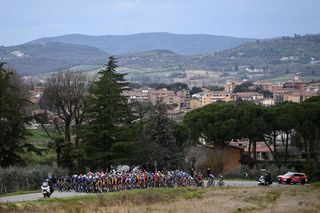 FOLIGNO ITALY MARCH 08 A general view of the peloton passing through San Martino in Colle Village during the 58th TirrenoAdriatico 2023 Stage 3 a 216km stage from Follonica to Foligno 231m UCIWT TirrenoAdriatico on March 08 2023 in Foligno Italy Photo by Tim de WaeleGetty Images