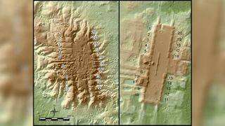 These lidar images show San Lorenzo (left), an Olmec site that peaked between 1400 B.C. and 1150 B.C.), and Aguada Fénix (right), a Maya site primarily occupied between 1000 B.C. and 800 B.C. Both show a similar pattern of 20 rectangular platforms lining the plaza. In later Maya calendars, 20 was the base unit for counting days, suggesting that this timekeeping system was already in development before 1000 B.C. 