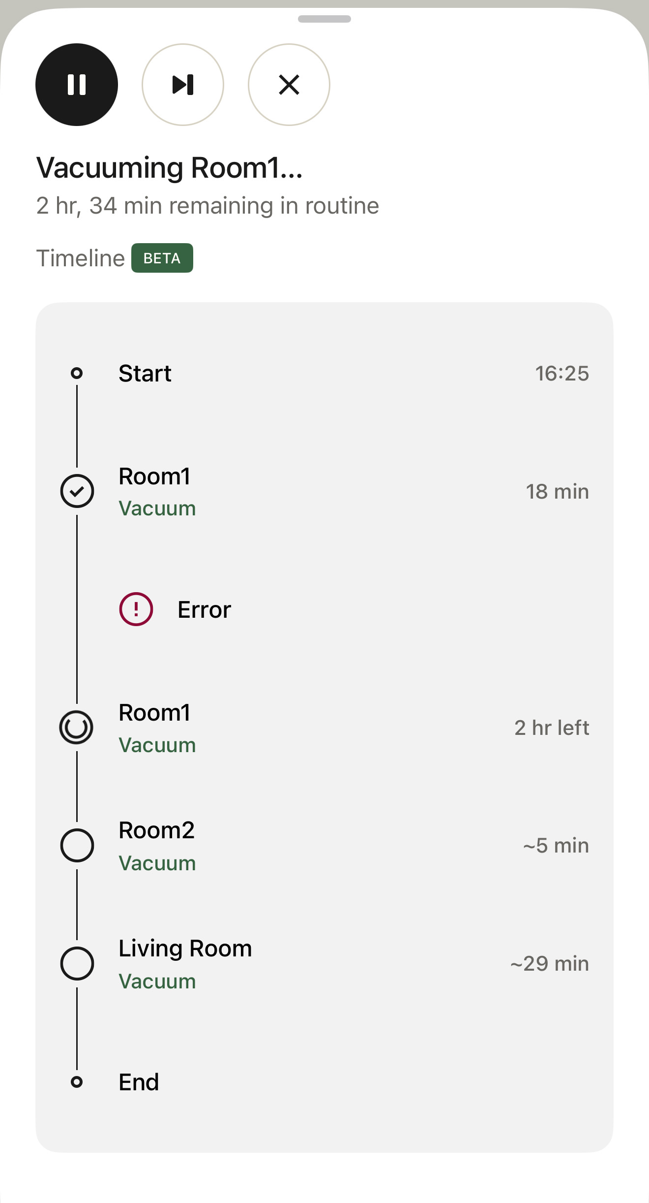 The timeline of each clean is shown on the Roomba app