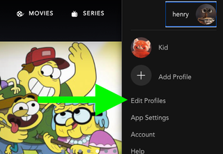 An Arrow points to the Edit Profiles icon in Disney Plus