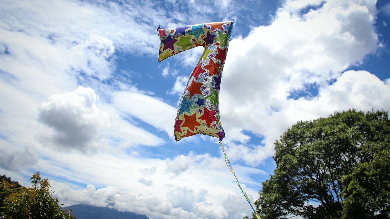 7 balloon in the sky near trees