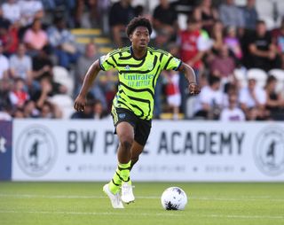 Myles Lewis-Skelly of Arsenal during a pre season friendly between Boreham Wood and Arsenal U21 at Meadow Park on July 29, 2023 in Borehamwood, England.