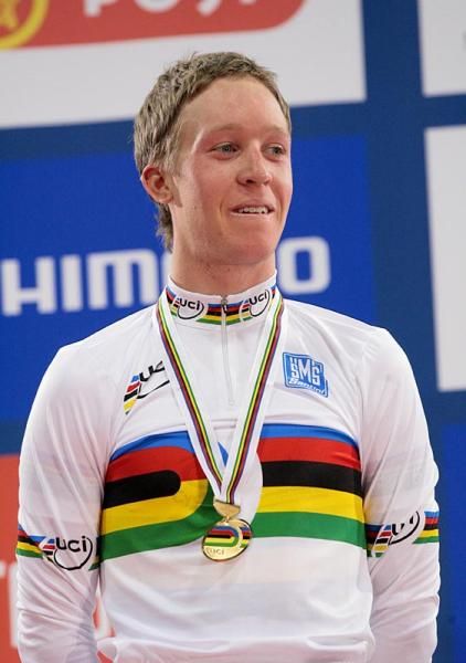 Cameron Meyer (Australia) with the gold medal and world champion's jersey he won in the men's points race.