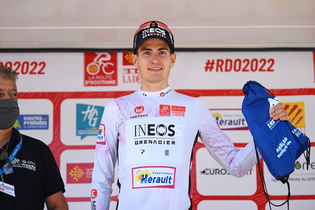 LES ANGLES FRANCE JUNE 18 Carlos Rodriguez Cano of Spain and Team INEOS Grenadiers celebrates winning the white best young jersey on the podium ceremony after the 46th La Route dOccitanie La Depeche du Midi 2022 Stage 3 a 1887km stage from Sigean to Les Angles 1841m RDO2022 on June 18 2022 in Les Angles France Photo by Dario BelingheriGetty Images
