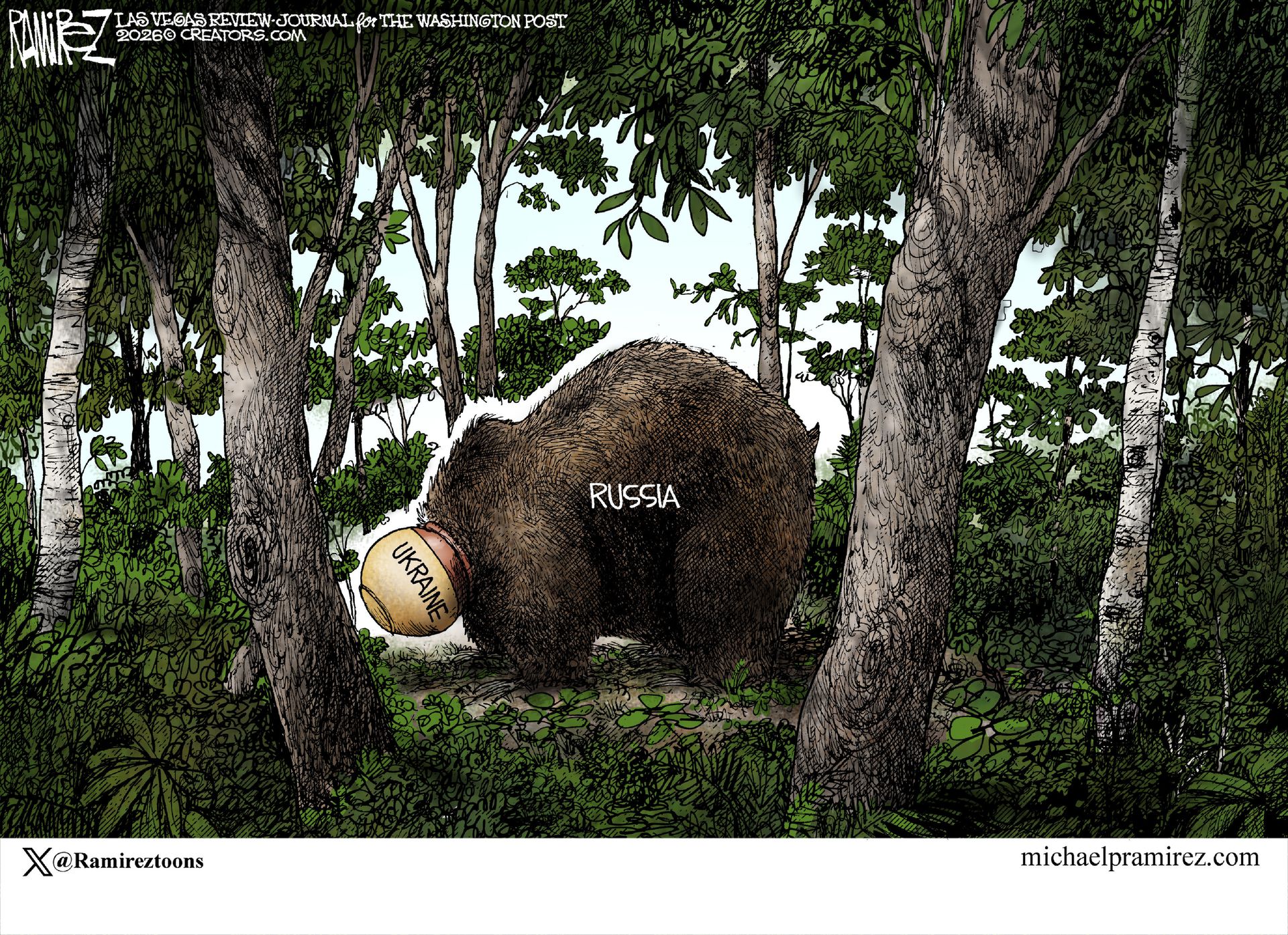 
                                A Russian bear is in the woods with its head completely stuck in a honey jar labeled “Ukraine”.
                            
