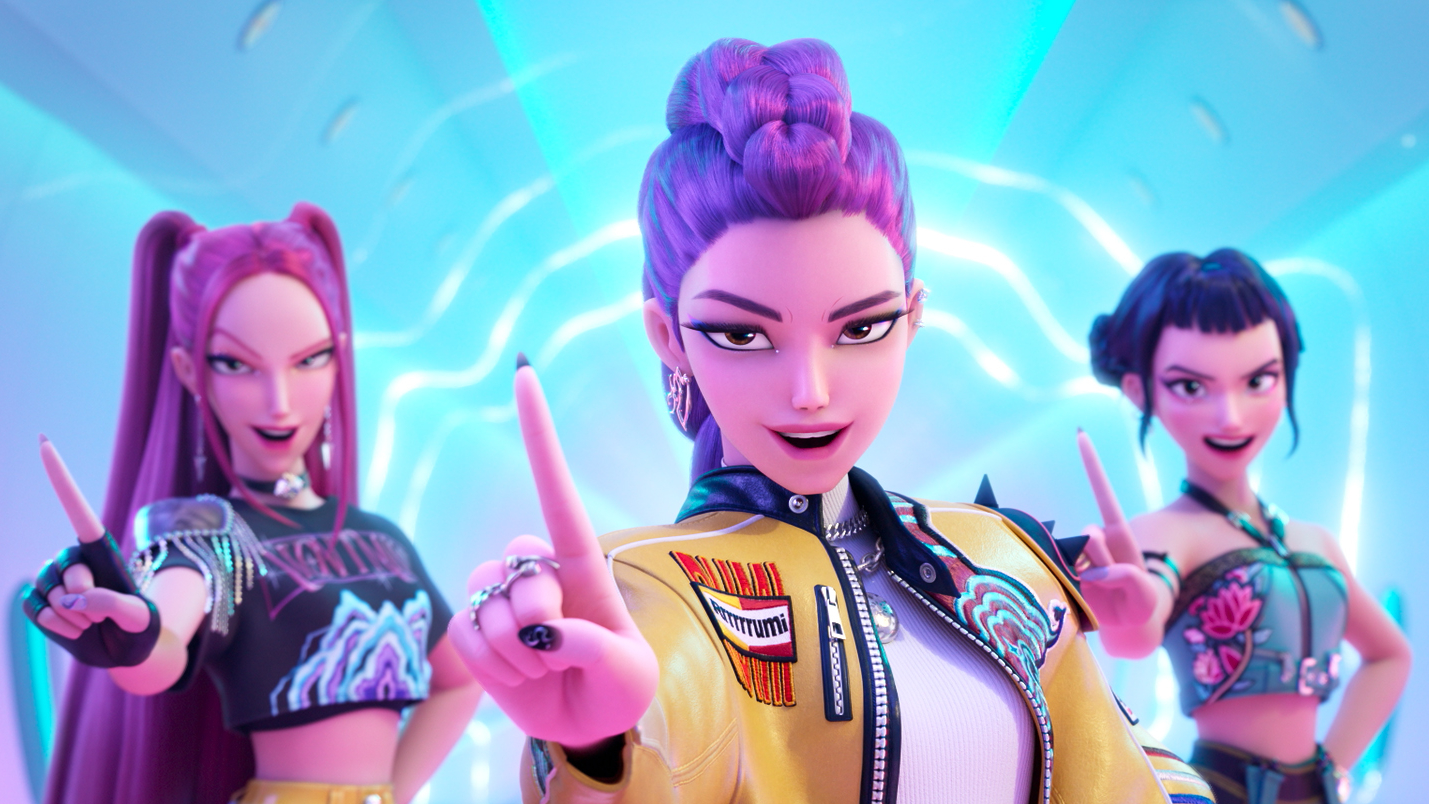 L-R: Mira, Rumi and Zoey wag their fingers in a scene from Netflix's "KPop Demon Hunters"