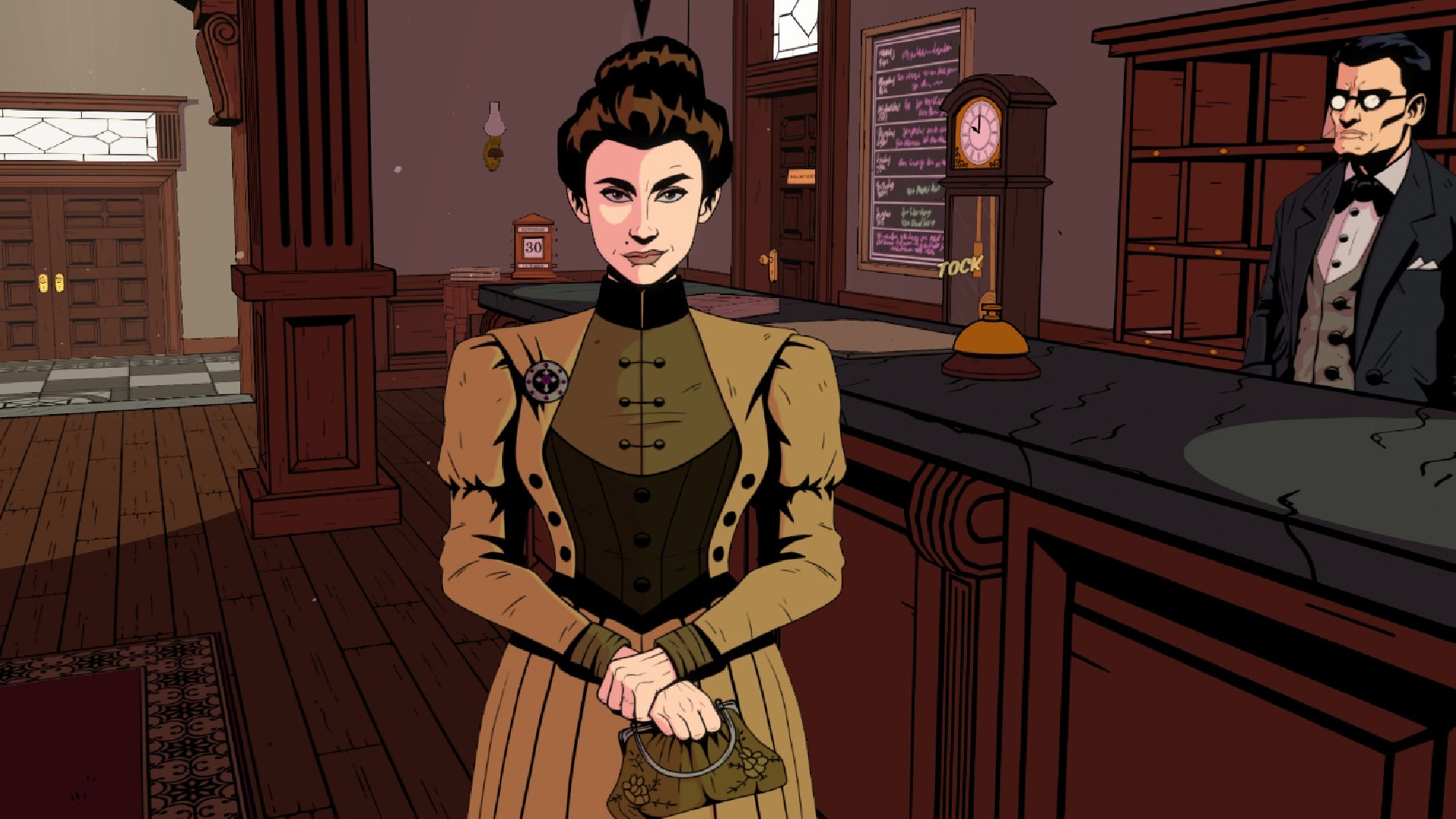 Discussing Evelyn Dean with D&#039;arcy in The Seance of Blake Manor&#039;s lobby