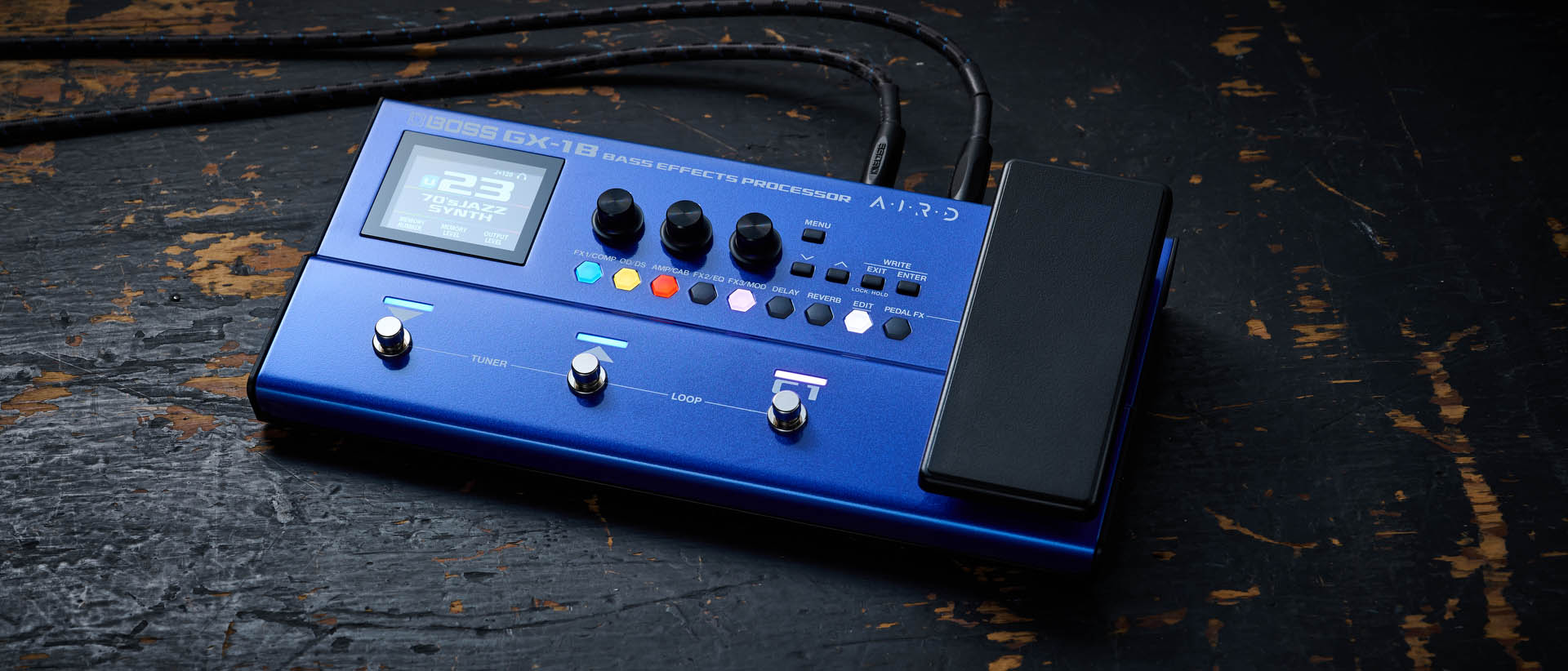 Boss GX-1B, the multi-effects pedal designed specifically for bass has a blue enclosure, three assignable footswitches and an integrated expression pedal – and it's digital display is easy to read.
