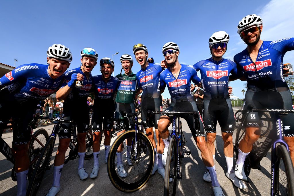 BURRIANA SPAIN AUGUST 30 A general view of stage winner Kaden Groves of Australia Green points jersey Edward Planckaert of Belgium Jimmy Janssens of Belgium Samuel Gaze of New Zealand Tobias Bayer of Austria Maurice Ballerstedt of Germany Jason Osborne of Germany Robbe Ghys of Belgium and Team AlpecinDeceuninck celebrate the victory during the 78th Tour of Spain 2023 Stage 5 a 1846km stage from Burriana to Burriana UCIWT on August 30 2023 in Morella Spain Photo by Tim de WaeleGetty Images