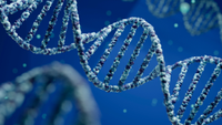 Illustration of a DNA double helix against a blue background. Two other helices can be seen blurred in the background