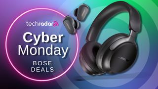 Bose QuietComfort Ultra Headphones and Bose QuietComfort Earbuds 2 on colorful background with TR's Cyber Monday deals badge