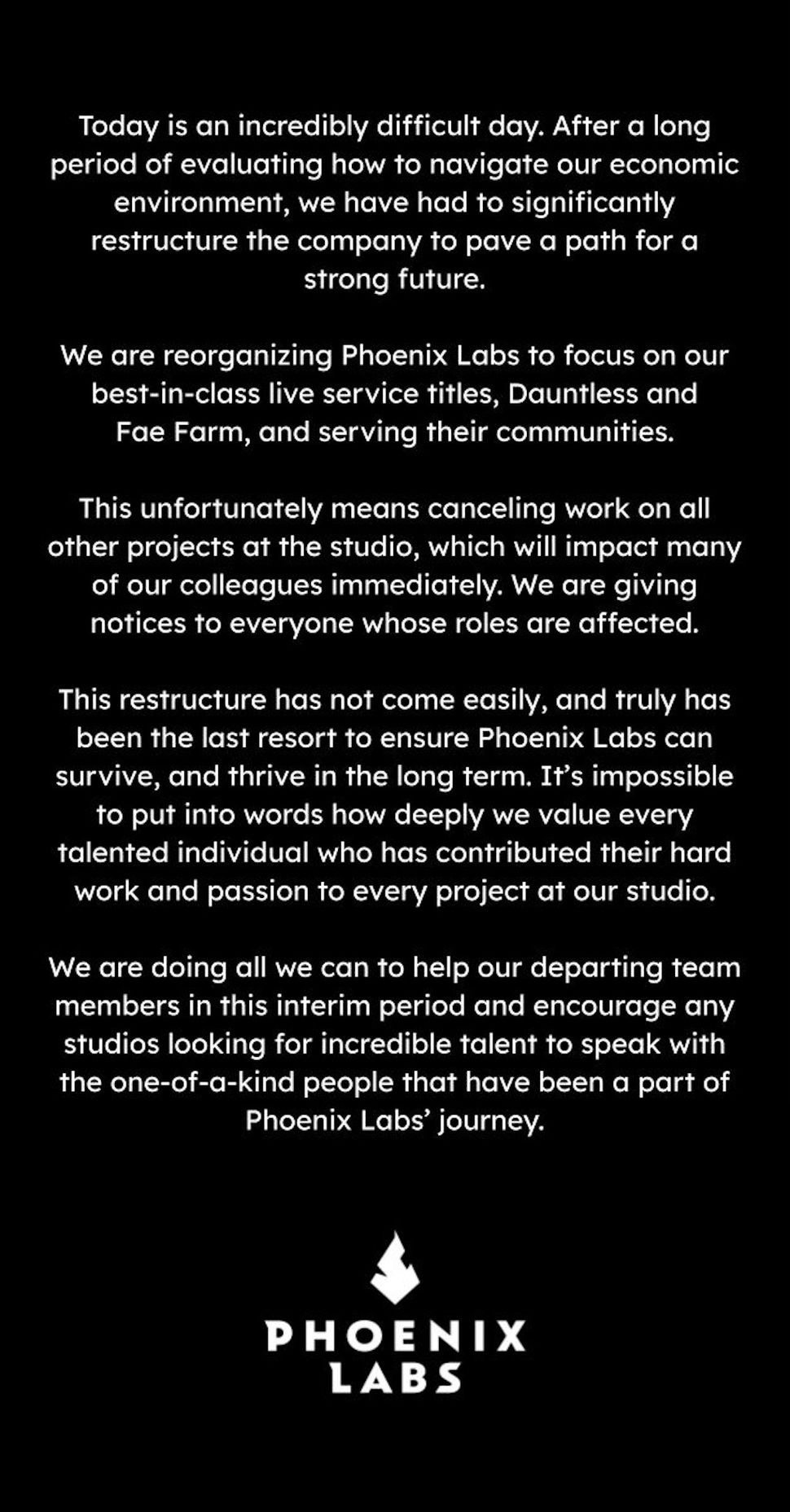 Dauntless developer Phoenix Labs lays off employees and cancels in